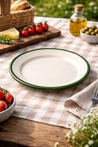 Alternative view of 4'lü Servis Tabağı Seti - 25 cm Krem Renkli Yeşil Kenarlı Yemek Tabağı Takımı - Retro Nostaljik Tasarım, Dayanıklı ve Sağlıklı Mutfak Gereçleri - Kamp ve Ev Kullanımına Uygun