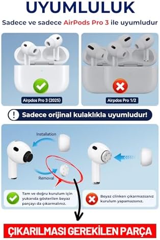 AirPods Pro 3. Nesil Uyumlu Toz Filtreli Premium Silikon Yedek Kulaklık Uçları ve 3'ü 1 Arada AirPods Temizleme Kalemi Seti (XS/S/M)