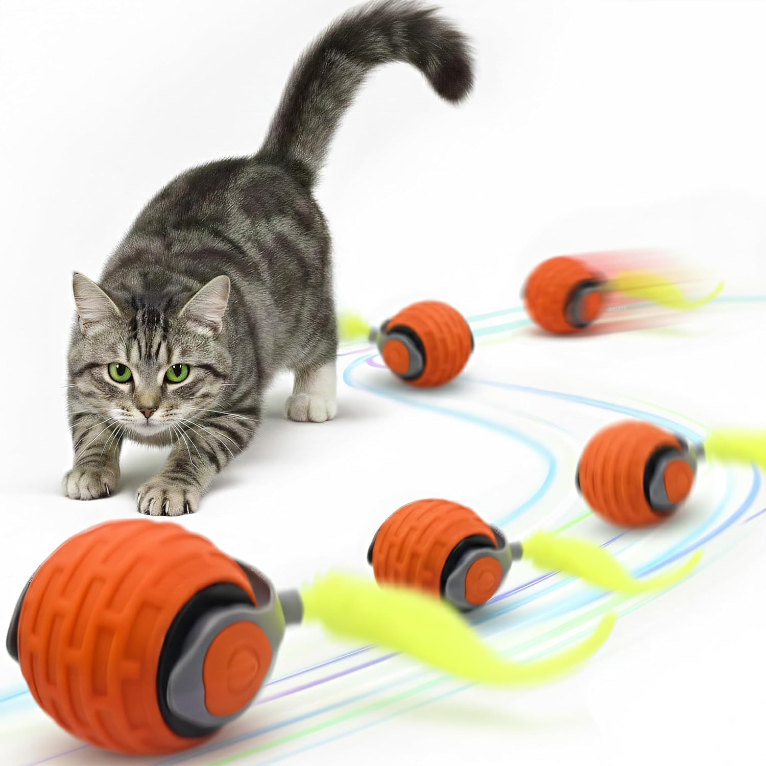 Akıllı Kedi Oyun Topu - Otomatik Yuvarlanan İnteraktif Kedi Oyuncağı - Şarj Edilebilir Evcil Hayvan Oyun Arkadaşı - Farklı Hız ve Oyun Modları - Led Işıklı - Tüylü Kovalama Kuyruğu (Turuncu)