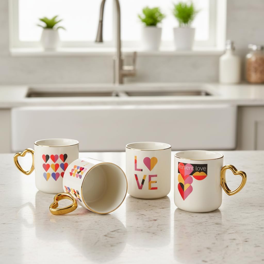 Alternative view of Saplı Porselen Kalp Kupa - 400 ml Büyük Boy Lüks Tasarım - 4 Farklı Modelden Biri (Sürpriz/Asorti) - Altın Yaldızlı Şık Hediyelik Mug