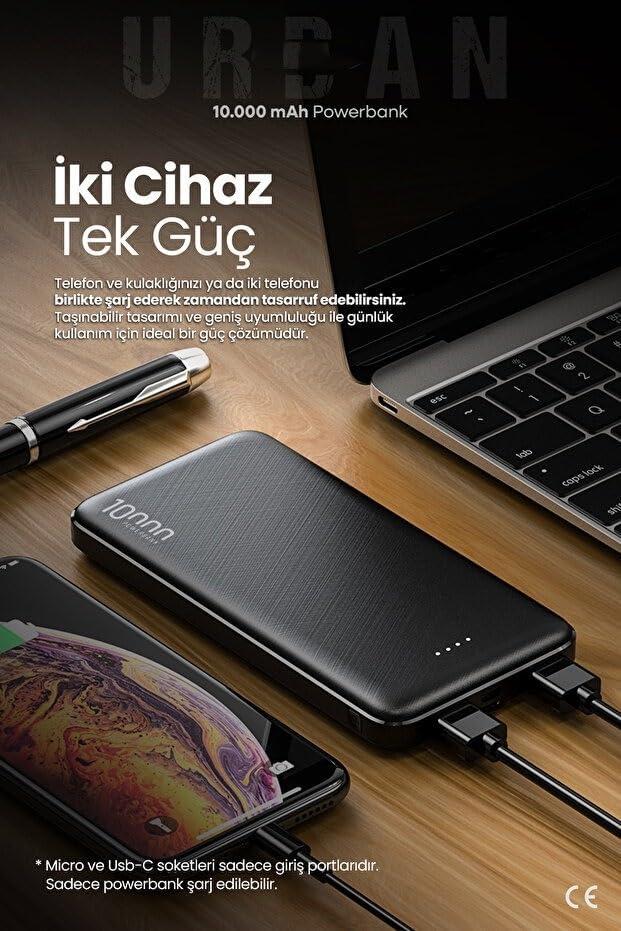 10.000mAh Led Işıklı Taşınabilir Şarj Aleti/Powerbank (Siyah)