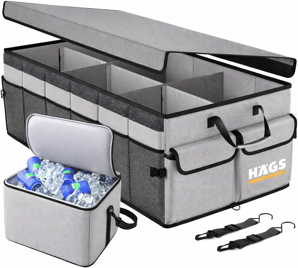 Araç Bagaj Düzenleyici, Soğutucu Çantalı Bagaj Organizer Sağlam Katlanabilir, Otomobil ve SUV`lar için, Cepli, 3 Ana Bölmeli, 100L: 90x40x28 cm - Gri