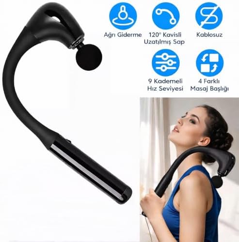 SMAYLING Uzatmalı Masaj Tabancası – 120° Kavisli Uzun Saplı, 9 Kademeli Hız Ayarlı – 4 Başlıklı Derin Doku Masaj Aleti – USB Type-C Şarjlı, Kablosuz – Boyun, Sırt, Bel ve Bacak İçin