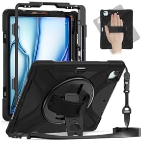 - iPad Air 13 2024 ile Uyumlu Tank Kılıf Omuz Askılı 360 Dönen Standlı Tam Koruma Zırh Kapak