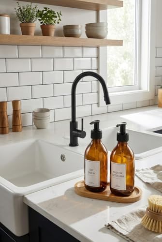 2’li Cam Sabunluk Seti – Bambu Altlıklı Şık Standlı Sıvı Sabunluk | Mutfak ve Banyo İçin Modern Cam Dispenser
