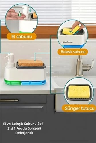 2'si 1 Arada Sabunluk ve Bulaşık Süngerliği – Çift Hazneli Sıvı Sabunluk ve Deterjanlık | Mutfak Tezgah Üstü Pratik Süngerlik Sabunluk Seti