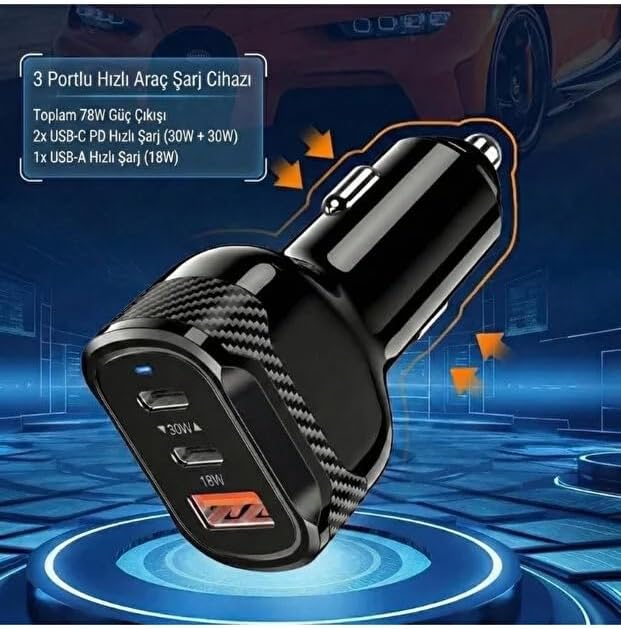 Alternative view of 78W Hızlı şarj Destekli 2x Type-C 1x USB Girişli Araç Çakmaklık Hızlı Şarj Aleti 3A