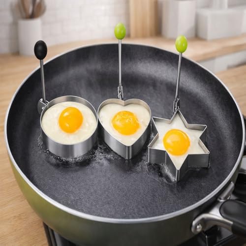 Kalp,Yıldız,Yuvarlak Şekilli Yumurta Kalıbı Saplı – Saplı Omlet ve Pancake Şekillendirici Kalıp | Yapışmaz Tavaya Uyumlu, Burger, Sandviç, Omlet ve Pancake İçin Pişirme Halkası (3 Lü Set)