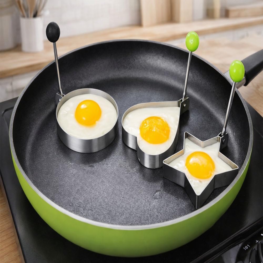 Alternative view of Kalp,Yıldız,Yuvarlak Şekilli Yumurta Kalıbı Saplı – Saplı Omlet ve Pancake Şekillendirici Kalıp | Yapışmaz Tavaya Uyumlu, Burger, Sandviç, Omlet ve Pancake İçin Pişirme Halkası (3 Lü Set)