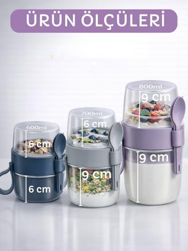 Beylini 3 lü Set Taşınabilir Kaşık+Çatal Kapaklı Yoğurt Müsli Granola Yemek Diyet Saklama Kabı and Go Bardak Kahvaltı Salata Hazırla Çık