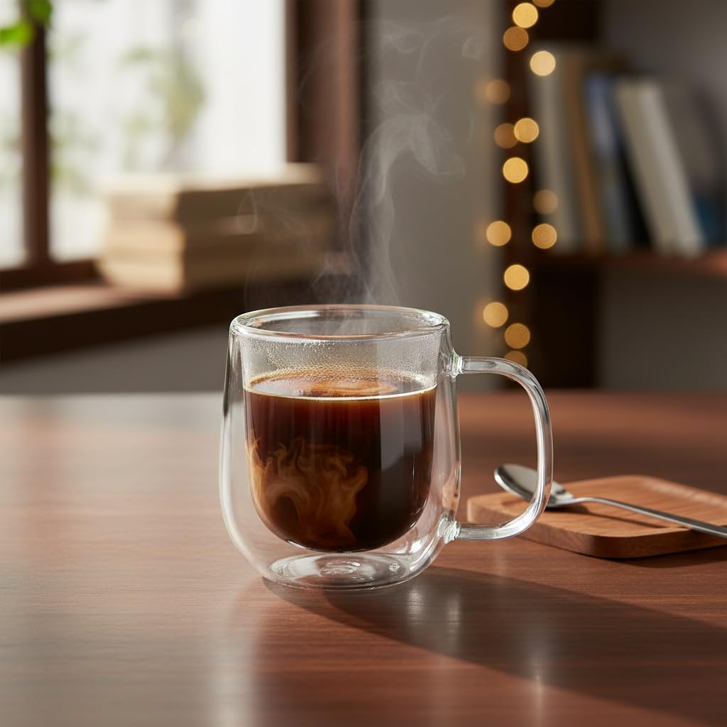 Alternative view of Çift Cidarlı (Double) Kulplu Cam Kupa - 250 ml Dayanıklı Borosilikat Çay ve Kahve Kupası - El Yakmayan Modern Tasarım Mug