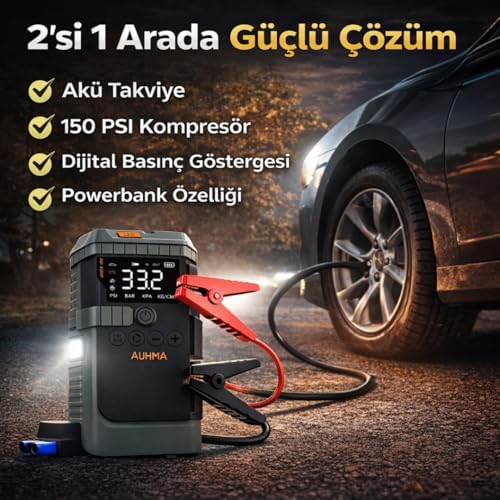 Akü Takviye Cihazı, Akü Takviyeli Hava Kompresörü, 150 PSI Dijital Göstergeli Oto Kompresör, Taşınabilir Şarjlı Kullanım, Fener Işığı ve SOS Mod, 12000 Mah Batarya (PSI,KPA,BAR,KG/CM²)