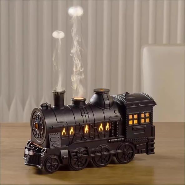 Buhar Treni Görünümlü 300ML Hava Nemlendirici Difüzör | Çift Nozullu Güçlü Soğuk Buhar | Dekoratif Masaüstü Ofis ve Yatak Odası Nem Makinesi | 24cm x 13cm | TD77 (Siyah)