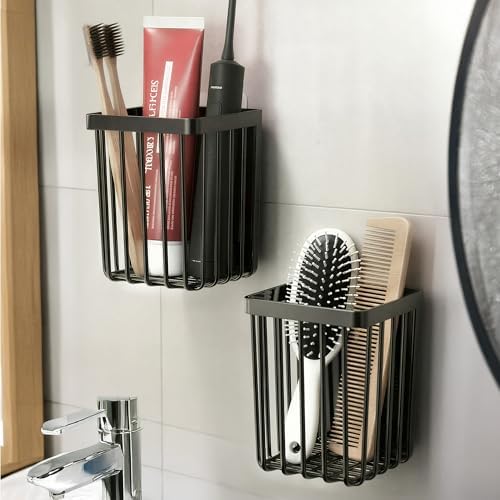 2'Li Set Yapışkanlı Diş Fırçalık, Saç Fırçası Tarak Düzenleyici, Banyo Düzenleyici Banyo Rafı Siyah