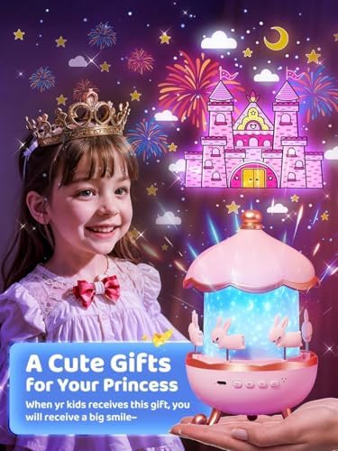 ’s Carousel Gece Lambası Projeksiyonlu Müzikli Tasarım | Kablolu 5V USB Çalışma | Tavşan Figürlü Döner Işıklı Çocuk Odası Yıldız Tavan Projektör Gece Işığı | WH-E11