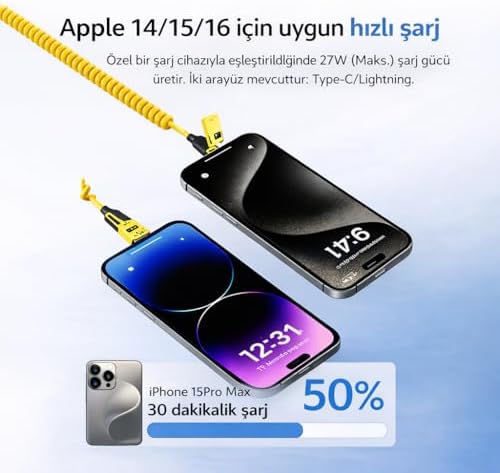 Alternative view of 4’ü 1 Arada 65W Yaylı Hızlı Şarj Kablosu Type-C & Lightning PD Destekli, Dolaşmaz Spiral Tasarım, 1.5m Uzayabilir, Araç & Ev Uyumlu Şarj ve Veri Kablosu (Siyah)