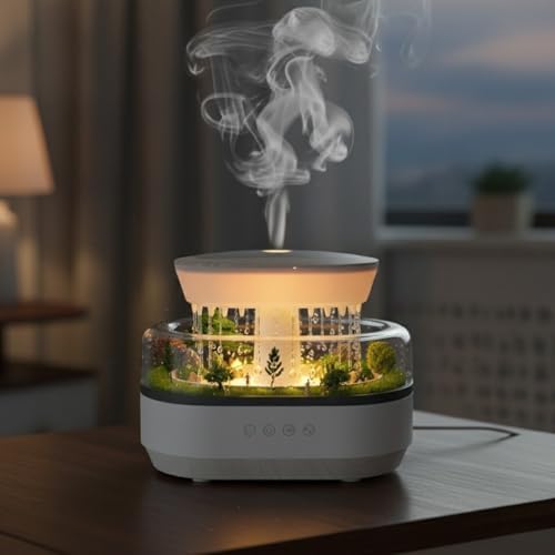 Minyatür Orman Tasarımlı Yağmur Bulutu Hava Nemlendirici ve Aroma Difüzörü, Beyaz-Gri, 7 Renkli LED, Ultrasonik Soğuk Buhar, 21x15x12 cm