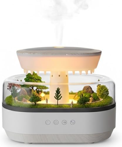 Alternative view of Minyatür Orman Tasarımlı Yağmur Bulutu Hava Nemlendirici ve Aroma Difüzörü, Beyaz-Gri, 7 Renkli LED, Ultrasonik Soğuk Buhar, 21x15x12 cm