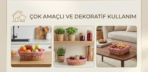 AmberHaus Doğal Kumaşlı Ekmeklik ve Sunum Sepeti - Kırmızı Kumaş Örtülü Rustik Kahvaltı ve Servis Düzenleyici (Dikdörtgen)