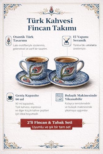 Alternative view of Türk Kahvesi Fincan Takımı El Yapımı Seramik – Lale Motifli, 2 Kişilik Fincan ve Tabak Seti, Geleneksel ve Şık Tasarım