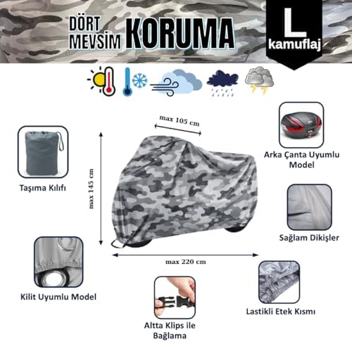 Alternative view of Kamuflaj Desenli Motosiklet Örtüsü, Kilit Uyumlu Motor Brandası (Arka Çanta Uyumlu, L)