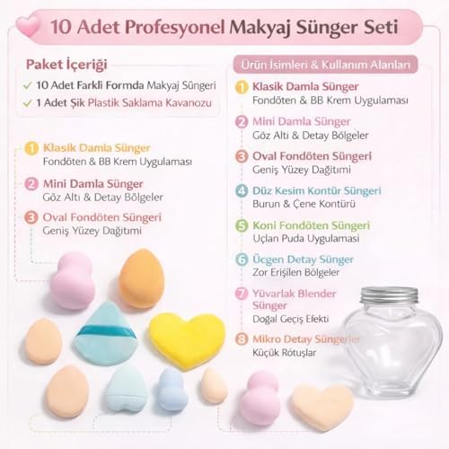 10 Adet Profesyonel Makyaj Süngeri Seti,Fondöten, Kapatıcı, Kontür ve Allık İçin Beauty Süngerleri, Yumuşak, Ultra Emici, Lateks İçermeyen Kozmetik Sünger, Islak ve Kuru Kullanım (Kalp 1 Set)