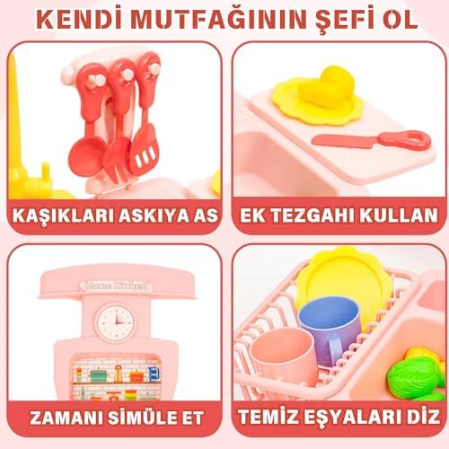 Oyuncak Gerçek Su Akan Mutfak Lavabo Seti | 28 Parça Aksesuarlı | Pilli Su Devir Daimli Mavi (Pembe)