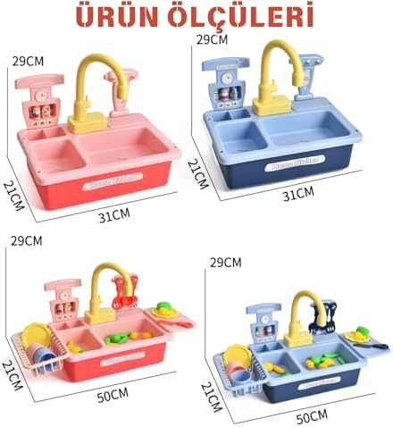 Alternative view of Oyuncak Gerçek Su Akan Mutfak Lavabo Seti | 28 Parça Aksesuarlı | Pilli Su Devir Daimli Mavi (Pembe)