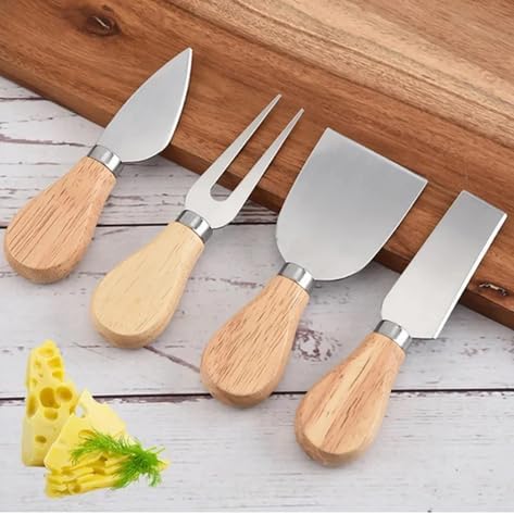 AmberHaus 4 Parça Akasya Ahşap Peynir Sunum Seti ve Bıçak Takımı - 29x18 cm Şarküteri ve İkramlık Tahtası - Paslanmaz Çelik Peynir Bıçakları (Akasya - 4'lü Bıçak Seti)