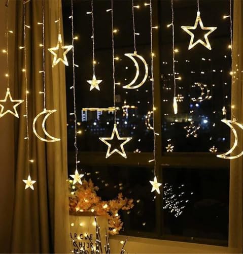 Ay Yıldız Figürlü Perde Led Işık, 3.5 Metre 12 Sarkıtlı Dekoratif Aydınlatma, 8 Fonksiyonlu ve Eklenebilir Fişli, 3200K Günışığı (Sarı) Ramazan ve Ev Dekoru