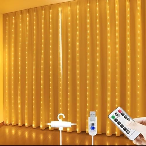 3x3 Metre Perde Led Işık, 300 Ledli 10 Sarkıtlı Dekoratif Led, Uzaktan Kumandalı ve 8 Fonksiyonlu, USB Girişli Günışığı (Sarı) Duvar ve Perde Aydınlatması