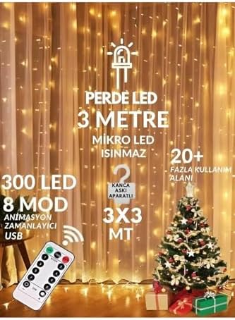 Alternative view of 3x3 Metre Perde Led Işık, 300 Ledli 10 Sarkıtlı Dekoratif Led, Uzaktan Kumandalı ve 8 Fonksiyonlu, USB Girişli Günışığı (Sarı) Duvar ve Perde Aydınlatması