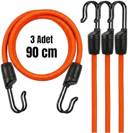 Kancalı Bagaj Gergi Lastiği - Paslanmaz Çelik Çift Kancalı, Motor ve Bisiklet Sabitleme Lastiği - 3 Adet (Turuncu, 90cm)