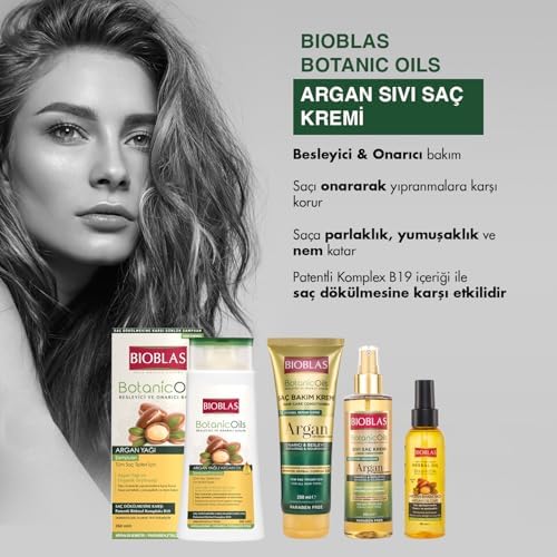 Bioblas Saç Dökülmesine Karşı Sıvı Saç Kremi – Argan Yağlı, Bitkisel Serumlu, Durulanmayan, Kolay Tarama & Yoğun Bakım, 200 ml (2 paketi)