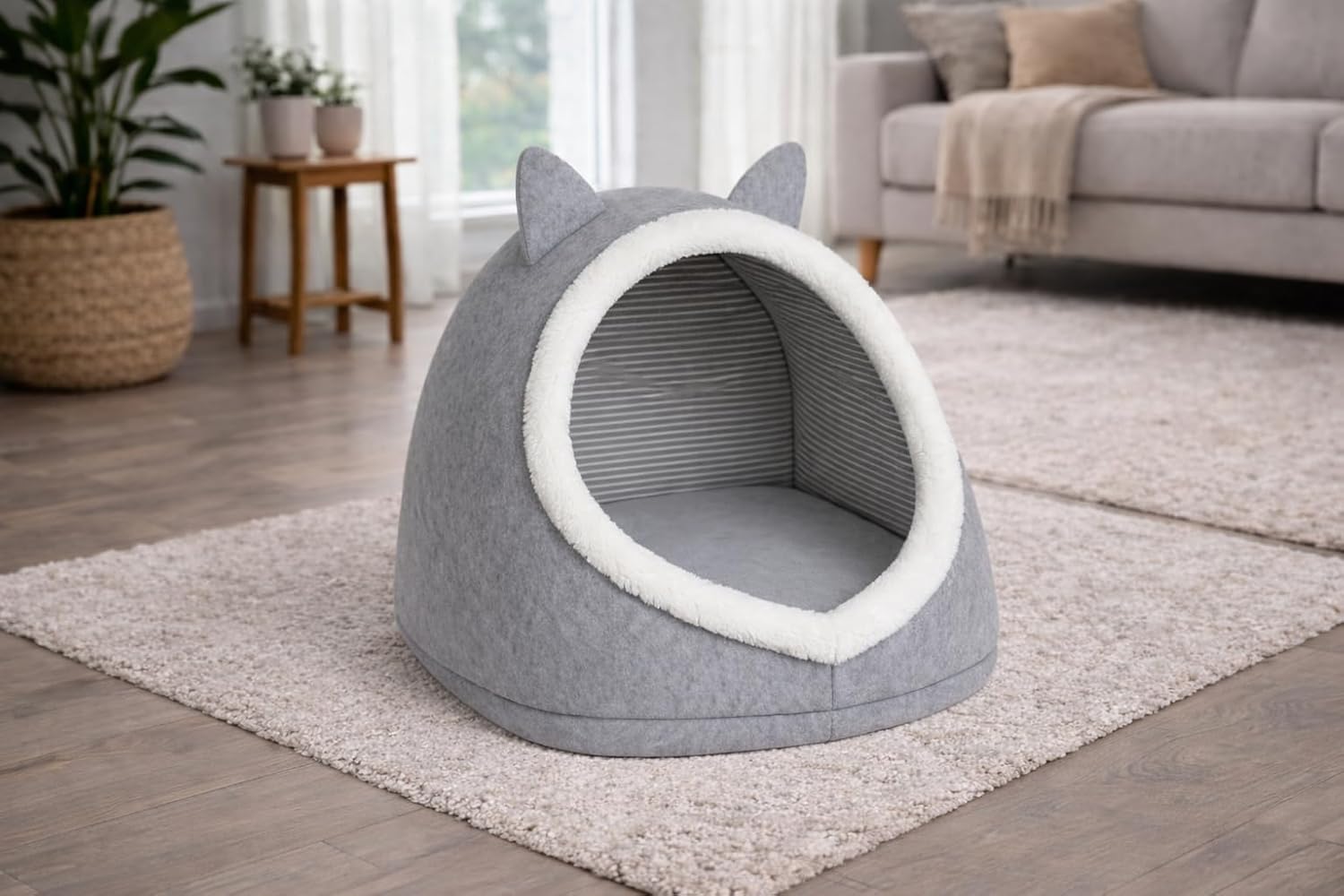 Gobypet Alas Gri Keçe Kedi ve Köpek Evi Yatağı – Kapalı Tasarım, ve Yumuşak Pet Yuvası, Kaymaz Paspas Set