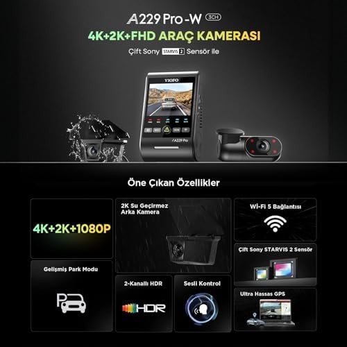 Alternative view of A229 Pro W 3 Kameralı Ön+Arka Su Geçirmez+İç 4K+2K+1080P STARVIS 2 Sensör GPS'li Araç Kamerası