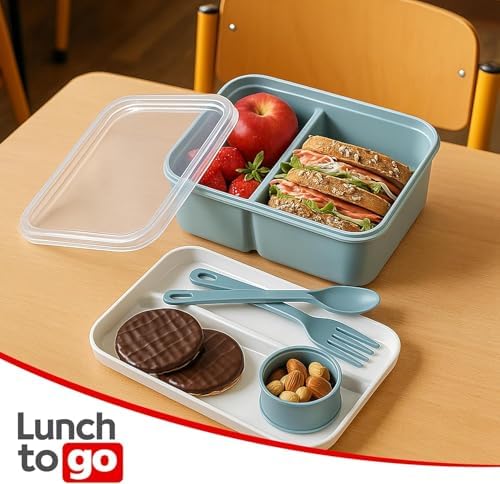Alternative view of 3 Bölmeli Beslenme Kabı 920 ml Sosluklu Sızdırmaz Kapaklı BPA İçermez Çatal Kaşık Dahil Lunch Box Bölmeli Yemek Kabı (Yeşil)