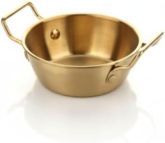 AmberHaus Renk Paslanmaz Çelik Mini Sahan ve Sunumluk - Kulplu Metal Kahvaltılık, Sosluk ve Meze Tabağı - Mat Altın Görünümlü Servis Tavası (10 CM)