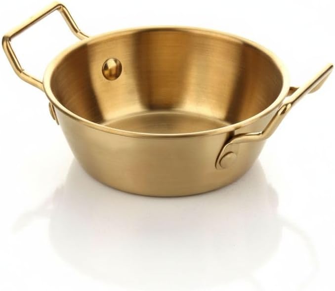 Alternative view of AmberHaus Renk Paslanmaz Çelik Mini Sahan ve Sunumluk - Kulplu Metal Kahvaltılık, Sosluk ve Meze Tabağı - Mat Altın Görünümlü Servis Tavası (10 CM)