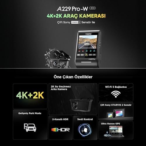 A229 Pro W 2 Kameralı Ön+Arka Su Geçirmez 4K+2K STARVIS 2 Sensör GPS'li Araç Kamerası