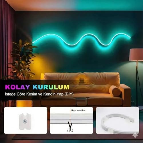 Alternative view of Neon LED 5 Metre Şerit Seti, USB 5V Akıllı RGB Şerit Led, Mobil Uygulama ve Kumandalı, Müziğe Duyarlı Ses Sensörlü, Su Geçirmez IP65, Oda Dekorasyon Aydınlatma ve TV Ünite Arkası