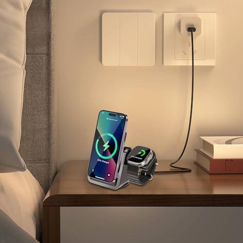 3-in-1 Kablosuz Şarj Standı, Telefon Saat, Ayarlanabilir Açılı, LED Işıklı, ile Uyumlu- ile Uyumlu