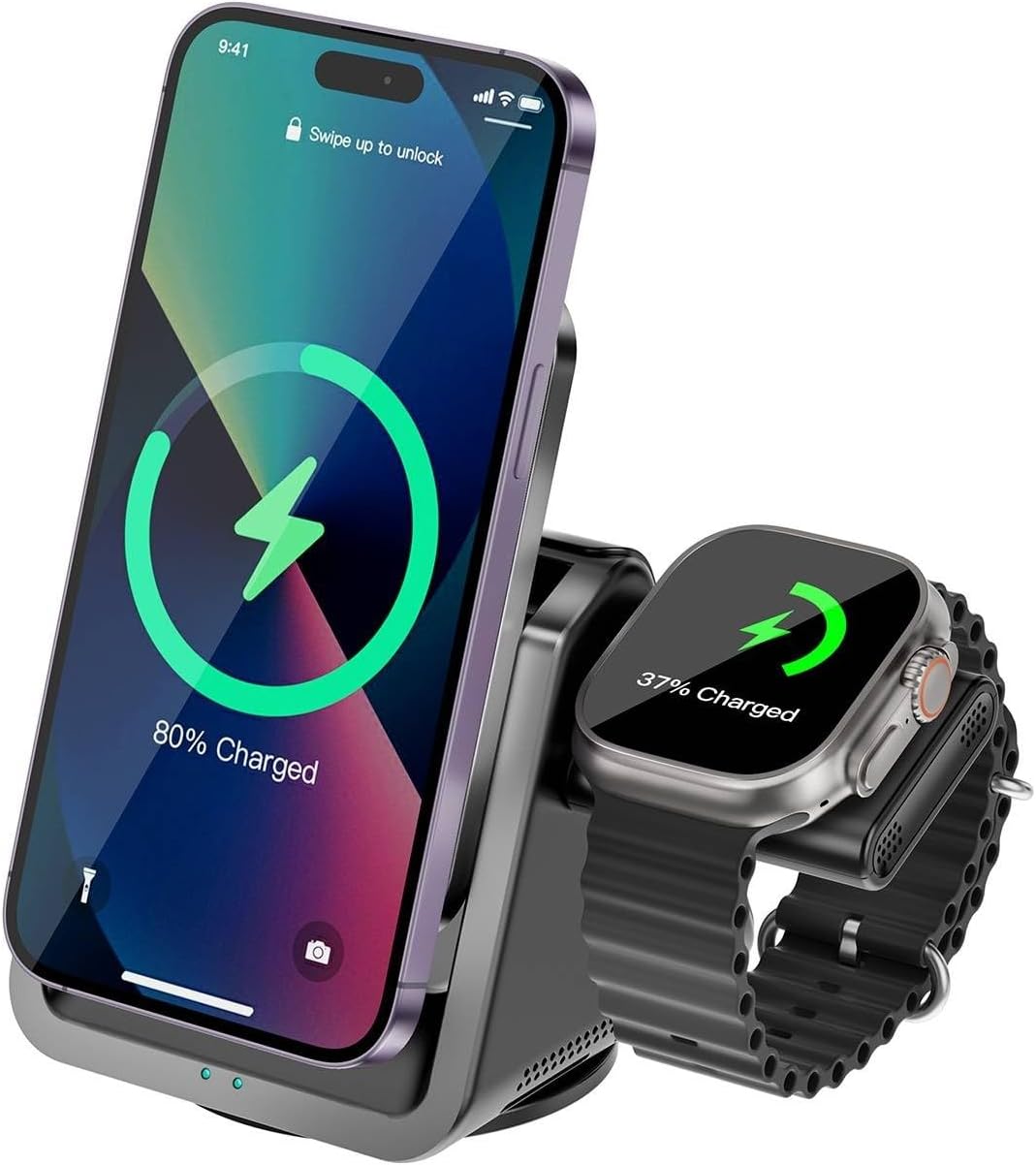 Alternative view of 3-in-1 Kablosuz Şarj Standı, Telefon Saat, Ayarlanabilir Açılı, LED Işıklı, ile Uyumlu- ile Uyumlu