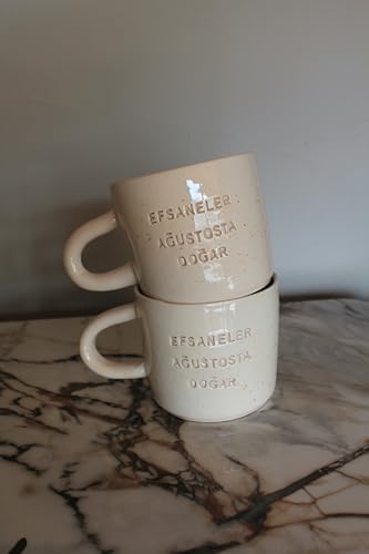 Efsaneler Ağustosta Doğar Seramik Kupa, Bej, Noktacıklı Tasarım, Türkçe Yazılı