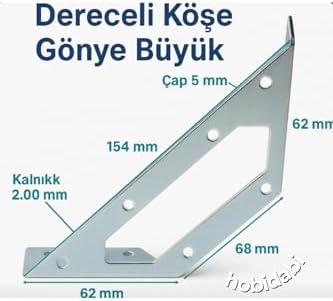 Dereceli Köşe Gönye Büyük Metal Bağlantı Aparatı, 154x62x68 mm, 2 mm Kalınlık, Montaj Vidaları Dahil, 4 Adet