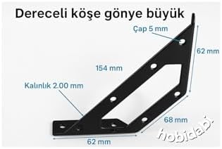 Mobilya Köşe Birleştirme Aparatı, Siyah Metal L Gönye Köşebent, 154x62x68 mm, 2.00 mm Kalınlık, Dolap Sabitleyici Bağlantı Demiri, Montaj Vidası ile Beraber, 4 Adet
