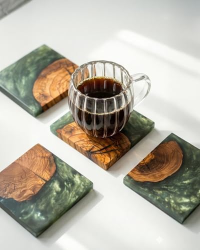 Zeytin Ağacı & Yeşil Epoksi Bardak Altlığı Seti 4’lü – El Yapımı Ahşap Reçine