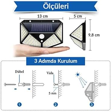 100 LED Güneş Enerjili Solar Duvar Apliği - 1200 Lümen Hareket Sensörlü 3 Modlu Bahçe Aydınlatması, Hero Led Solar Duvar Armatürü IP65 Su Geçirmez, 270° Geniş Açı (Siyah)