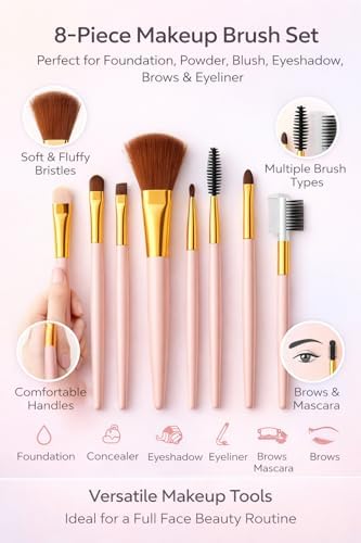 8 Adet Makyaj Fırça Seti Profesyonel Fondöten Pudra Allık Far Kaş Eyeliner Fırçası Yumuşak Kıllı Günlük ve Profesyonel Kullanım İçin Komple Makeup Brush Set