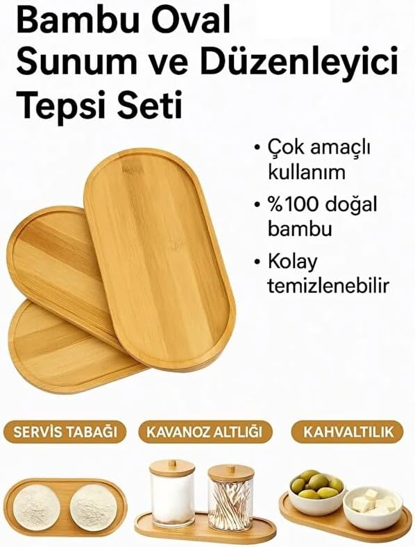 Alternative view of Oval Doğal Bambu Sunum Tabağı - 23x12 cm Yuvarlak Hatlı Düz Servis Tepsisi - Sushi, Tatlı ve Kahve Sunumluk